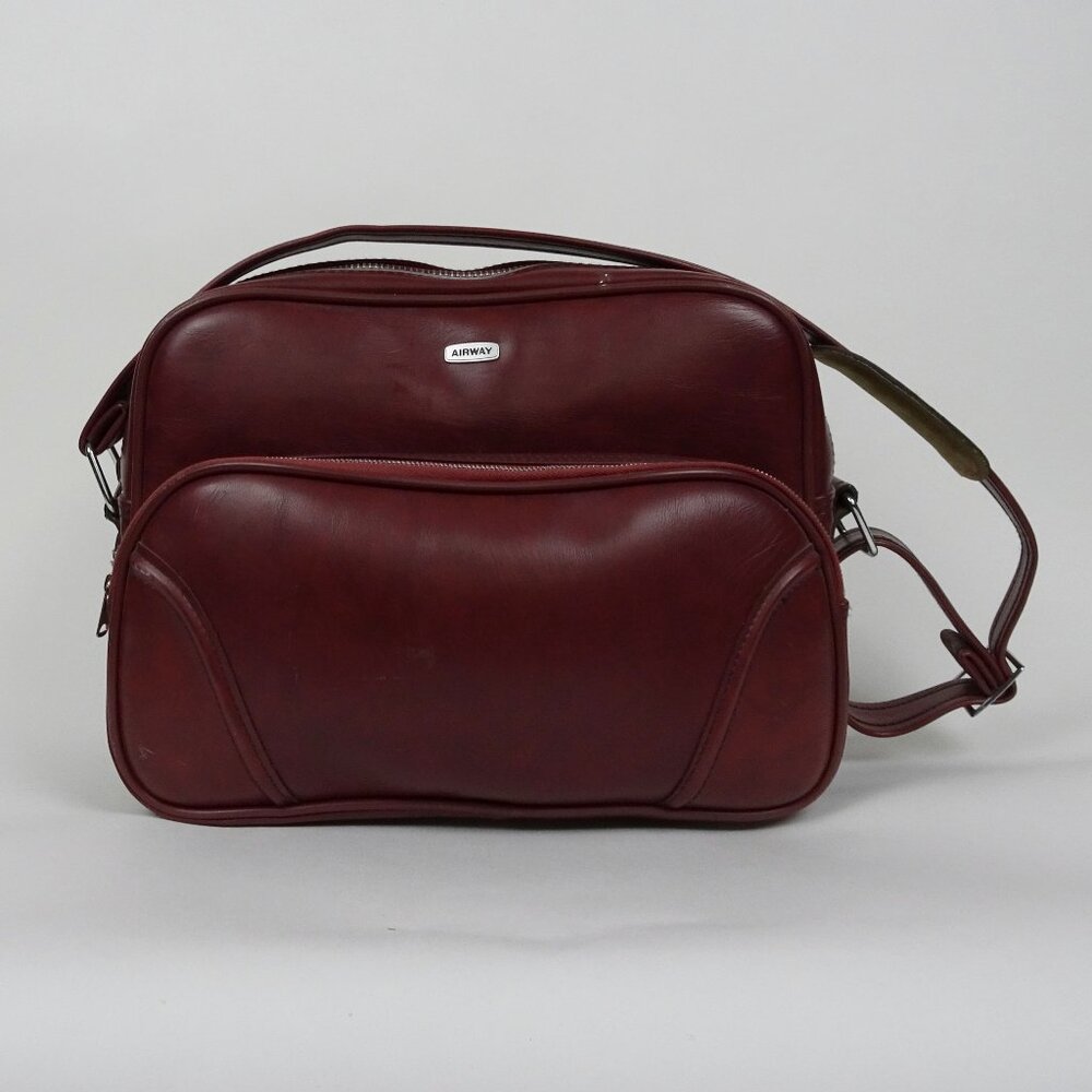 Vintage Airway Faux Leather Maroon Travel Shoulder Bag Carry On Luggage Retro